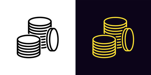 Outline coin stack icon, with editable stroke. Coin pile sign, golden money fund pictogram. Gold coin budget, cryptocurrency and altcoins, currency and credits, jackpot and prize. - obrazy, fototapety, plakaty