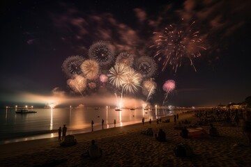 A fireworks display lighting up the night sky over a crowded beach. Generative AI