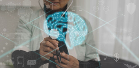 Doctor in futuristic medical concept pressing button