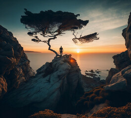  sunset in the mountains, A person doing a tree pose on a cliff overlooking the ocean, with the sun setting behind the horizon, balancing, peaceful, grounding, serenity, calming, freedom, Generative A