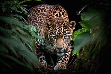 A jaguar prowling through the undergrowth, its powerful muscles rippling with each step. Generative AI - obrazy, fototapety, plakaty