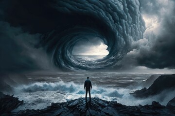 A lone figure standing on the edge of a cliff, looking out at a massive, swirling storm. Generative AI