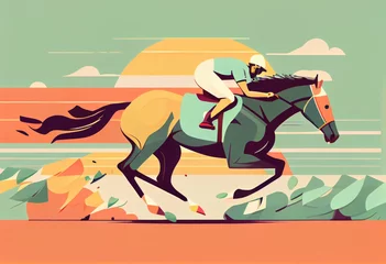 Fotobehang Horse Racing Competition. Equestrian Performance Sport and Rider or Jockeys on Flat Cartoon. Generative AI. © junghc1