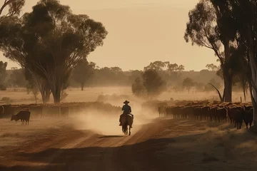 Gartenposter Australian outback landscape with man on horse herding cattle along a dusty road at sunset.  Generative AI © Inge