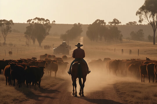 Australian outback landscape with man on horse herding cattle along a dusty road.  Generative AI