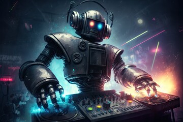 Obraz na płótnie Canvas A robot DJ spinning tunes in a nightclub. Generative AI