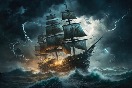 A pirate ship in the midst of a storm, with lightning flashing and waves crashing all around. Generative AI