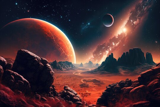 A red planet with rocky terrain, against a starry background of distant galaxies. Generative AI