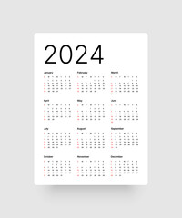Annual calendar template for 2024 year. Week Starts on Sunday. Business calendar in a minimalist style for 2024 year.