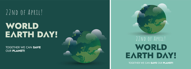 World Earth Day. Happy environment and earth day concept banner with globe and clouds. 22nd April celebration worldwide. save planet. Social banner post for earth day. Environmental problem. Two posts