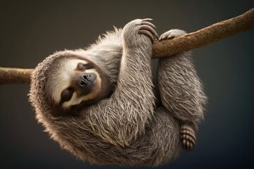 A sloth hanging upside down from a tree branch, peacefully sleeping. Generative AI