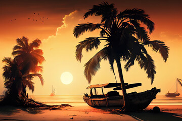 Beach sunset with palm silhouettes background. Generative Ai