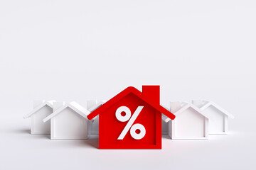 concept of house installments with banks, real estate taxes and rising interest rates, home installment loan promotion. Red house with percentage icon among white houses with copy space. 3D rendering