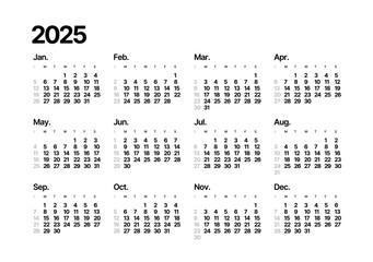 Annual calendar template for 2025 year. Week Starts on Sunday. Business calendar in a minimalist style for 2025 year.