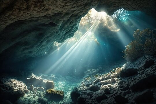 A stunning underwater cave system with beams of sunlight streaming through the water. Generative AI