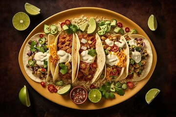 A top-down view of a plate of tacos with a mix of fillings. Generative AI