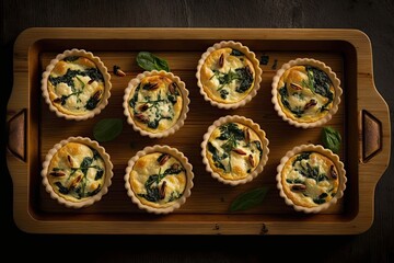 A tray of mini quiches with savory fillings like spinach and feta. Generative AI