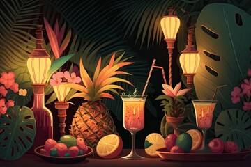 Tropical-themed party with palm trees, tiki torches, and cocktails. Generative AI