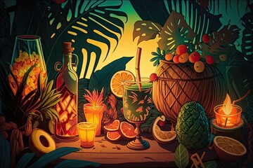 Tropical vibes with palm trees and fruity cocktails. Generative AI
