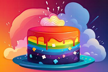 A vector birthday cake with a rainbow frosting design. Generative AI