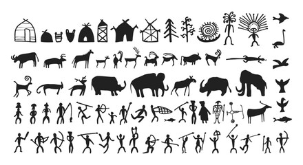 Cave painting prehistoric rock art hand drawn sketch style vector illustration set. Rock age cave paintings set with prehistoric wild animals, tribal people and village buildings.