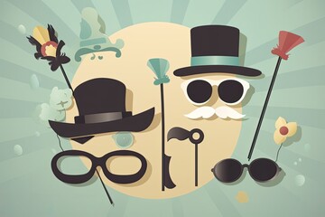 Photo booth with props like mustaches, hats, and glasses. Generative AI