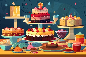 Party table with a birthday cake, cupcakes, and other sweets. Generative AI