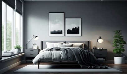  a bedroom with a large bed and two pictures on the wall.  generative ai