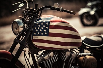 A vintage American flag being flown from the back of a classic motorcycle. Generative AI