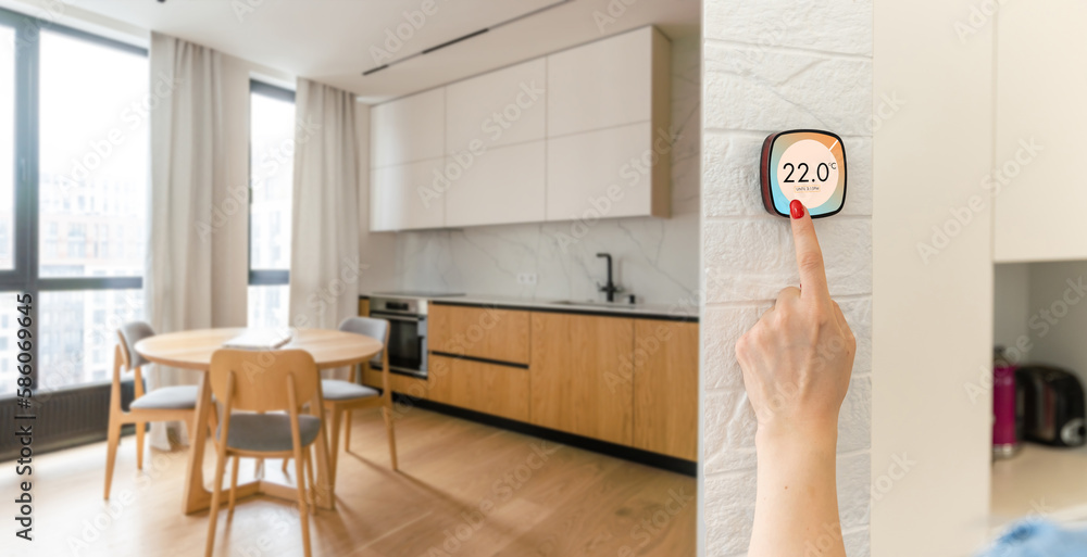 Poster smart home banner. iot house automation domotics panoramic. technology thermostat device with app ic