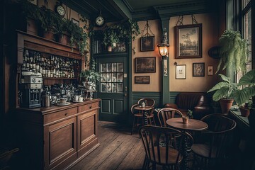 Obraz premium coffee shop with a vintage vibe, featuring antique furnishings and decor. Generative AI