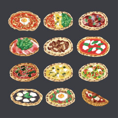 Pizza set different menu isolated on background. Use for design, poster, flyer, banner. Hand-drawn Menu illustration, vector and watercolor sketch.