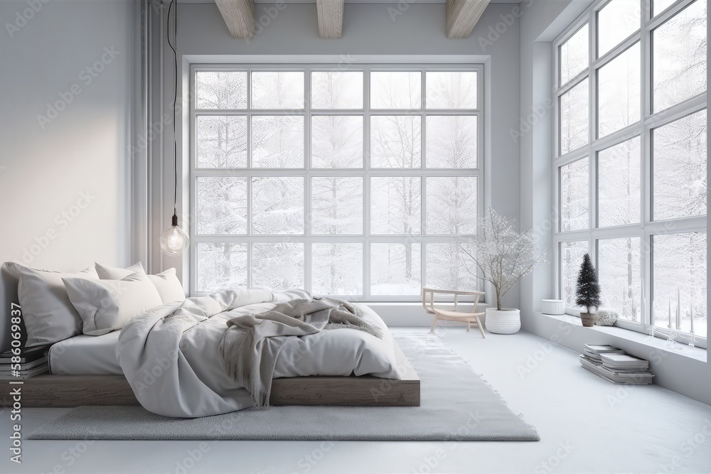 Poster spacious bedroom with a large window and a comfortable bed created with generative ai technology