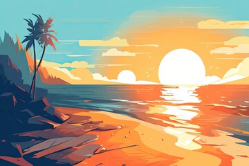Sunny beach with the sun setting. Generative AI