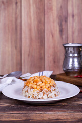 Dry bean pilaf. Prepared with the perfect harmony of dry beans and rice, this dish is both nutritious and satisfying. Traditional Turkish cuisine. Local name kuru fasulye pilav