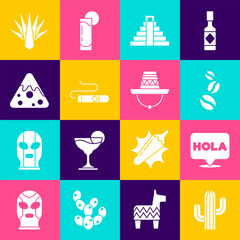 Set Cactus, Hola, Coffee beans, Chichen Itza in Mayan, Cigar, Nachos, Agave and Mexican sombrero icon. Vector © vector_v