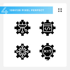 STEM technology settings pixel perfect black glyph icons set on white space. Digital science lessons. Education improvement. Silhouette symbols. Solid pictogram pack. Vector isolated illustration