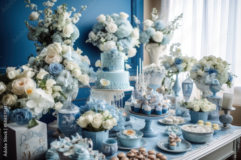Poster table adorned with a bountiful arrangement of blue and white flowers created with generative ai tech