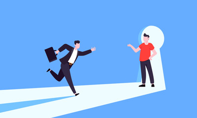 Unlock your opportunity concept with keyhole and ambitious man running to career potential and work financial success flat style vector illustration. New way business beginnings and unlock future.