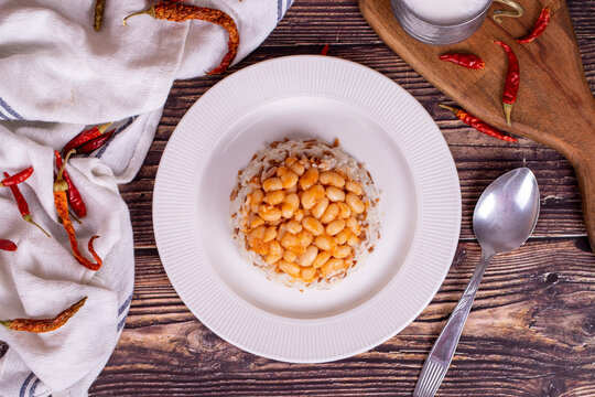 Dry bean pilaf. Prepared with the perfect harmony of dry beans and rice, this dish is both nutritious and satisfying. Traditional Turkish cuisine. Local name kuru fasulye pilav. Top view