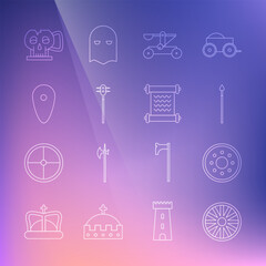 Set line Old wooden wheel, Round shield, Medieval spear, Catapult shooting stones, chained mace ball, Shield, Cup from the skull and Decree, parchment, scroll icon. Vector