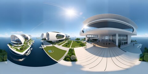 Photo of a futuristic building surrounded by water