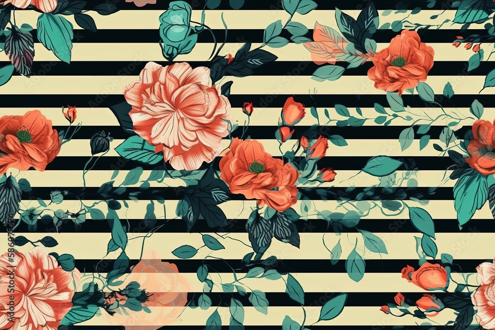 Poster illustration of floral pattern on striped background created with generative ai technology