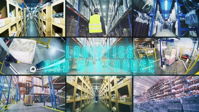 Logistics and warehouse inscription. Logistics and warehouse infographics. Logistics and warehouse opener.