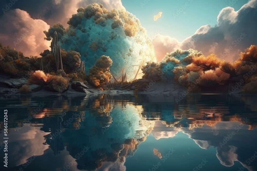 Poster serene lake surrounded by lush trees and fluffy clouds created with generative ai technology