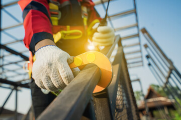 Safety Body, Asian construction worker wearing safety gear working at height. concept of safe...