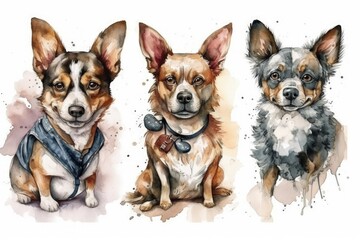 Illustration of three well-trained dogs sitting together wearing collars and harnesses created with Generative AI technology