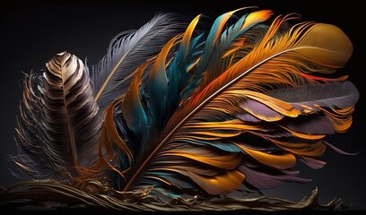  a close up of a colorful feather on a black background.  generative ai