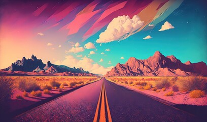  a painting of a desert road with mountains in the background.  generative ai