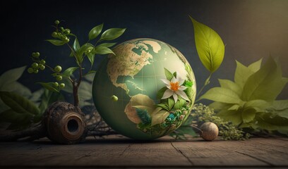  a green globe with flowers and a snail on a wooden floor.  generative ai
